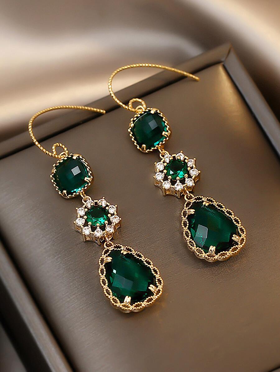 Bông tai giọt nước trang trí rhinestone - màu xanh lá - Xem 1