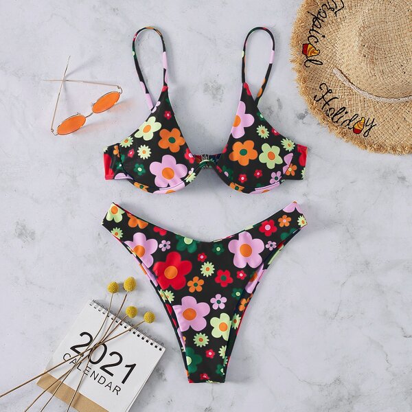

Floral Random Print Underwire Bikini Swimsuit, Multicolor