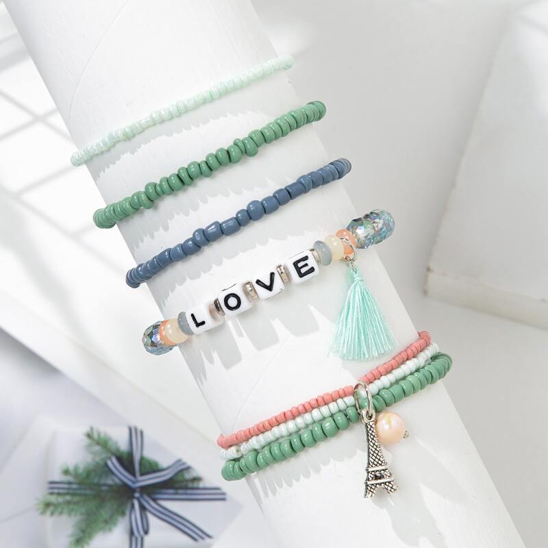 

5pcs Tassel Decor Beaded Bracelet, Multicolor