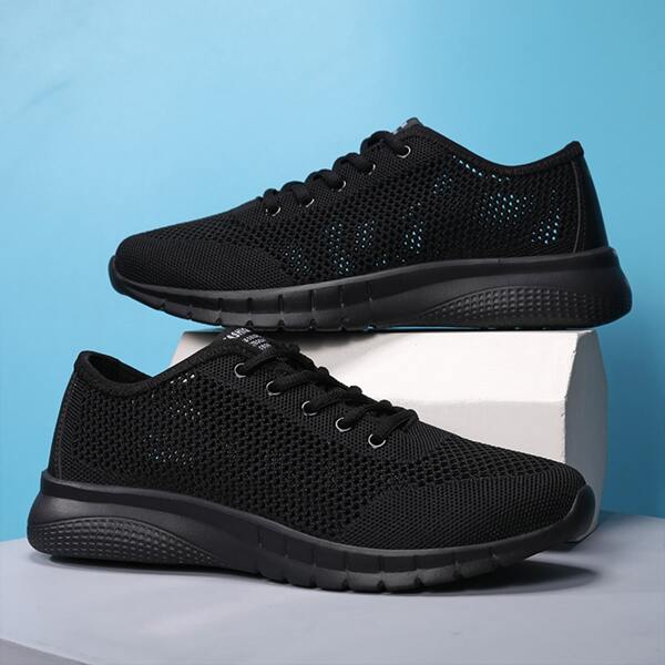 

Men Lace-up Front Knit Running Shoes, Black
