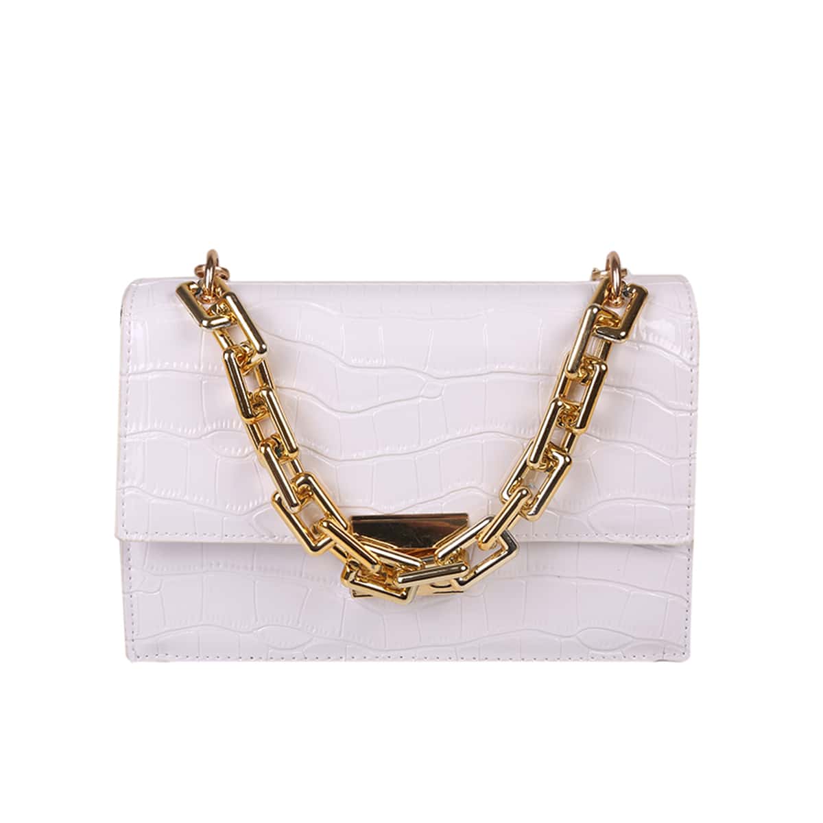 

Chain Decor Croc Square Bag, White