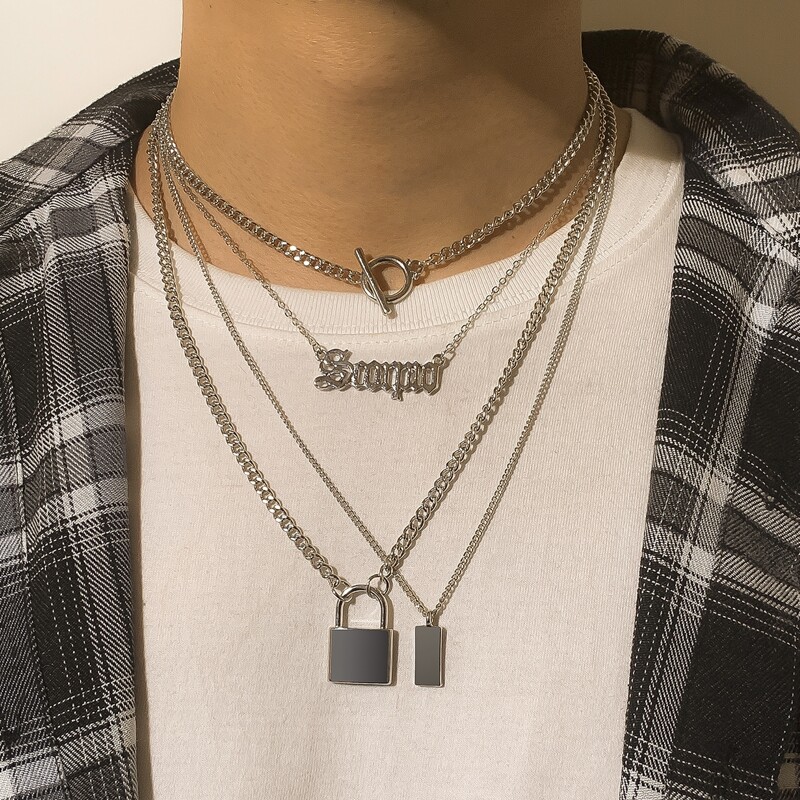 

Guys 2pcs Lock Decor Chain Necklace, Silver