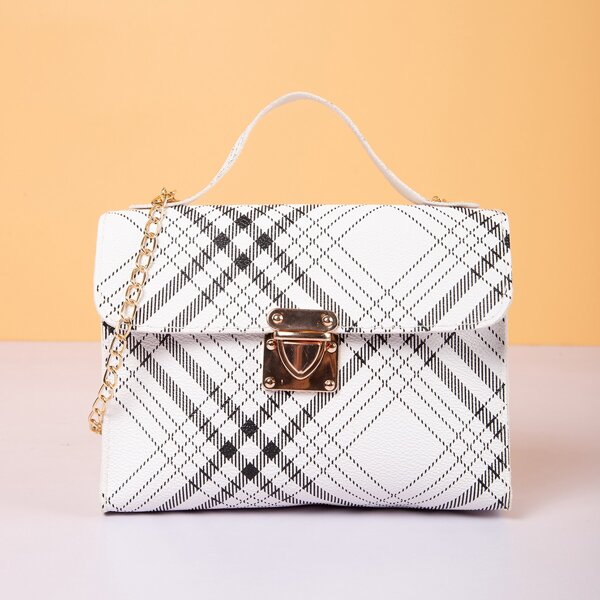 

Plaid Pattern Chain Satchel Bag, Black and white