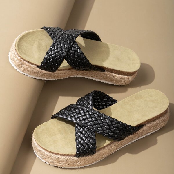 

Minimalist Braided Design Flatform Mules, Black