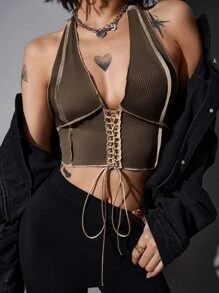 SHEIN ICON Top halter ribete de puntada con cordón delantero - Marrón Chocolate - Ver 1