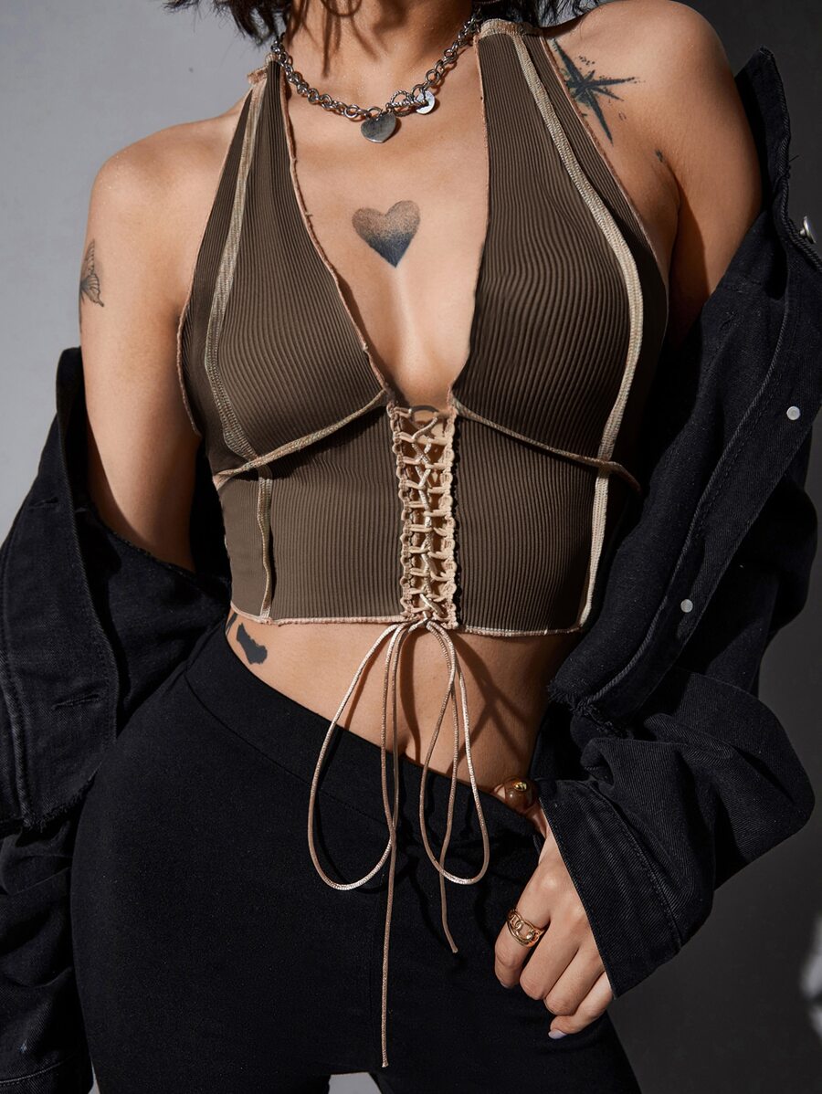 SHEIN ICON Top halter ribete de puntada con cordón delantero - Marrón Chocolate - Ver 1