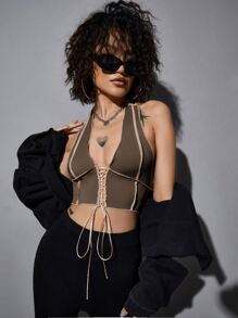 SHEIN ICON Top halter ribete de puntada con cordón delantero - Marrón Chocolate - Ver 3