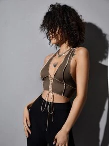 SHEIN ICON Top halter ribete de puntada con cordón delantero - Marrón Chocolate - Ver 4