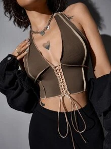 SHEIN ICON Top halter ribete de puntada con cordón delantero - Marrón Chocolate - Ver 5