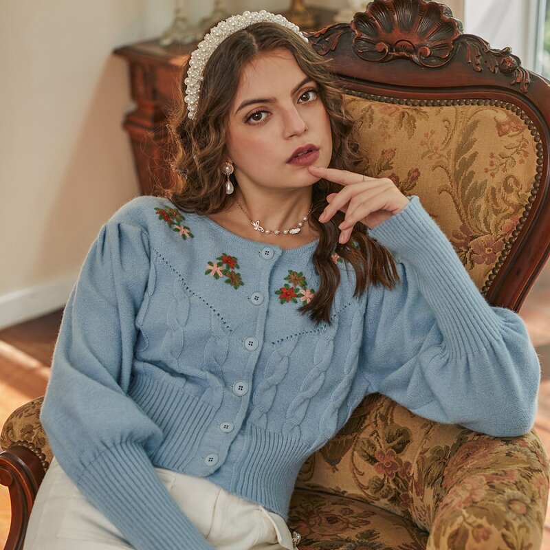 

Floral Embroidery Cable Knit Cardigan, Blue