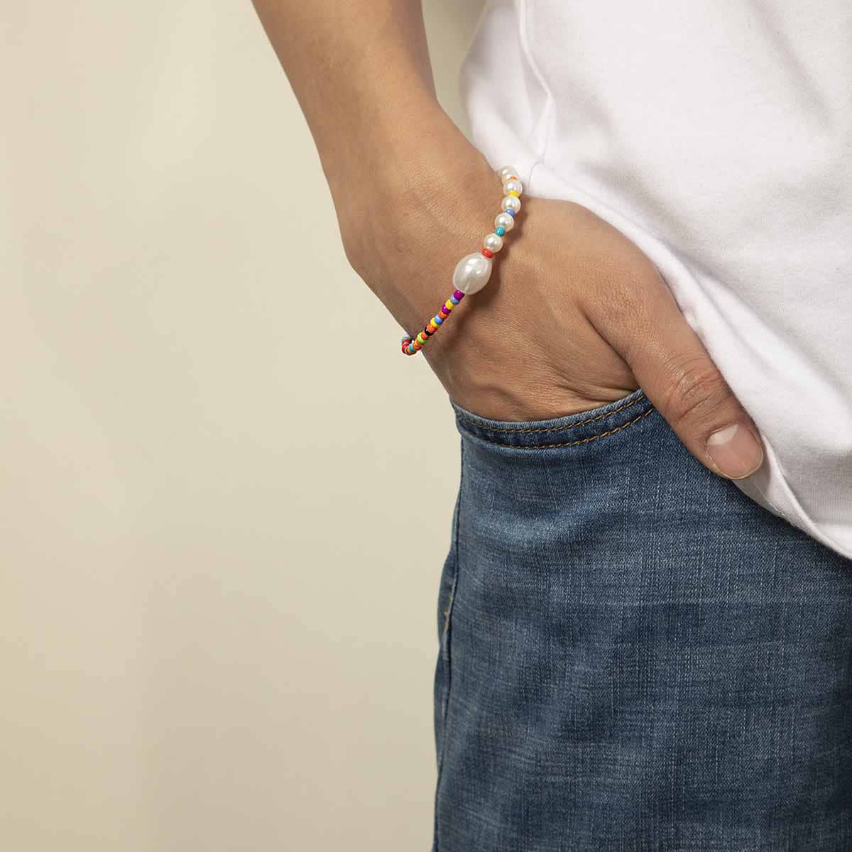 

Guys Faux Pearl Beaded Bracelet, Multicolor