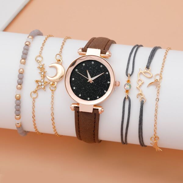 

1pc Rhinestone Decor Round Pointer Quartz Watch & 6pcs Bracelet