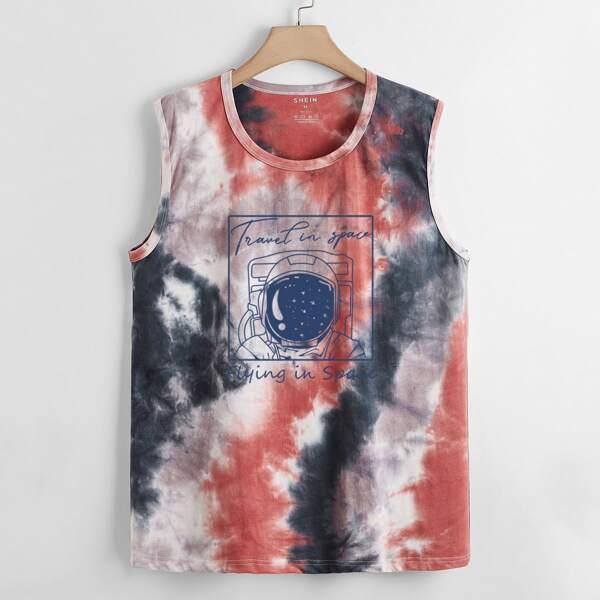 

Men Cartoon & Slogan Graphic Tie Dye Tank Top, Multicolor