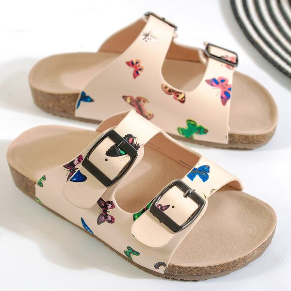 

Girls Butterfly Graphic Buckle Decor Slippers, Apricot