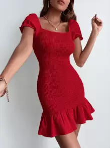 Aveloria Rosie Shirred Ruffle Hem Fitted Dress - Red - View 5