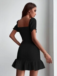 GENKIRA Đầm Xù Viên lá sen Dải chun màu trơn Giải trí - màu đen - Xem 2