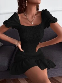 GENKIRA Đầm Xù Viên lá sen Dải chun màu trơn Giải trí - màu đen - Xem 7