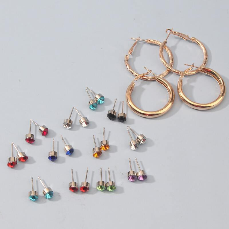 

14pairs Rhinestone Stud & Hoop Earrings, Gold