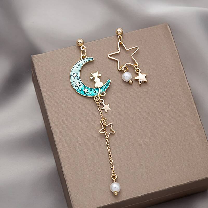 

Star & Moon Drop Earrings, Blue