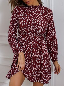 SHEIN Essnce 滿版印花褶邊燈籠袖連衣裙 - 酒紅色 - 查看 3
