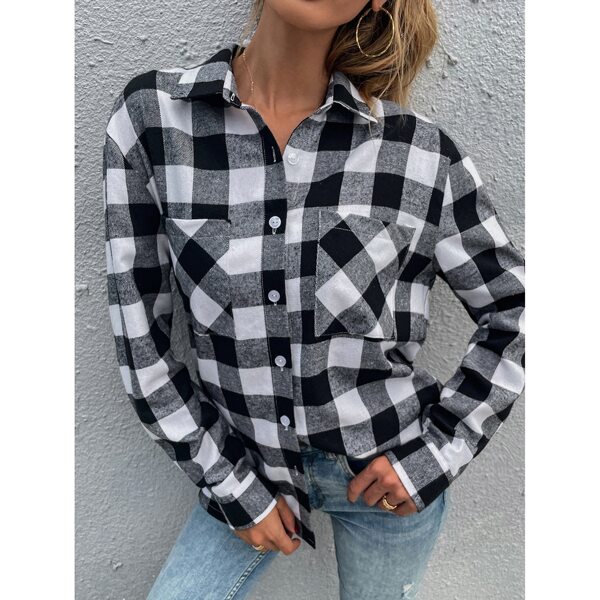 

Gingham Print Button Front Blouse, Black and white