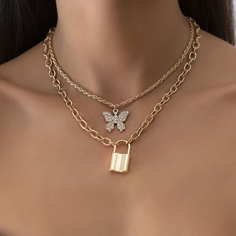 

2pcs Lock Decor Chain Necklace, Gold