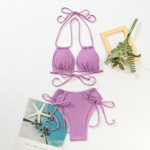 

Textured Triangle Tie Side Bikini Swimsuit, Purple
