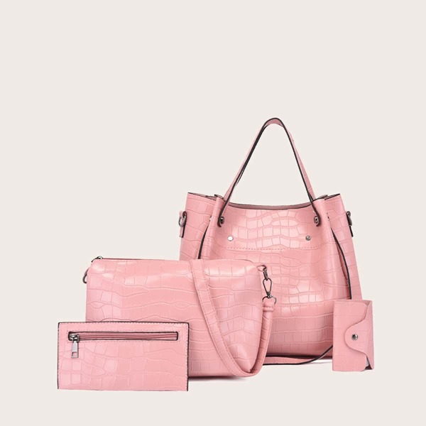 

4pcs Croc Embossed Tote Bag Set, Pink