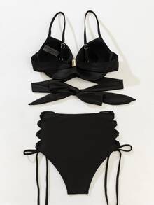 Crisscross Wrap Push Up Bikini - Black - View 2