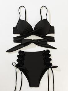 Crisscross Wrap Push Up Bikini - Black - View 4