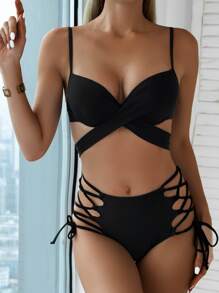 Crisscross Wrap Push Up Bikini - Black - View 5