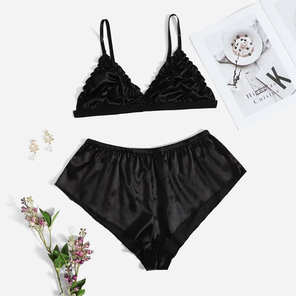 

Plus Ruched Frill Trim Satin Lingerie Set, Black