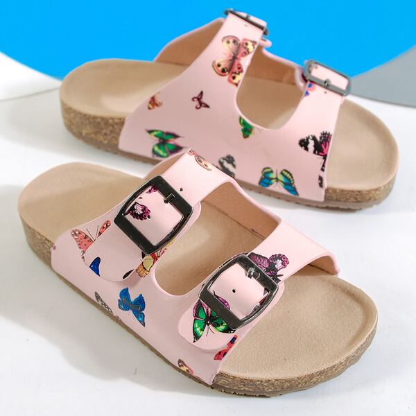 

Girls Butterfly Graphic Buckle Decor Slippers, Pink