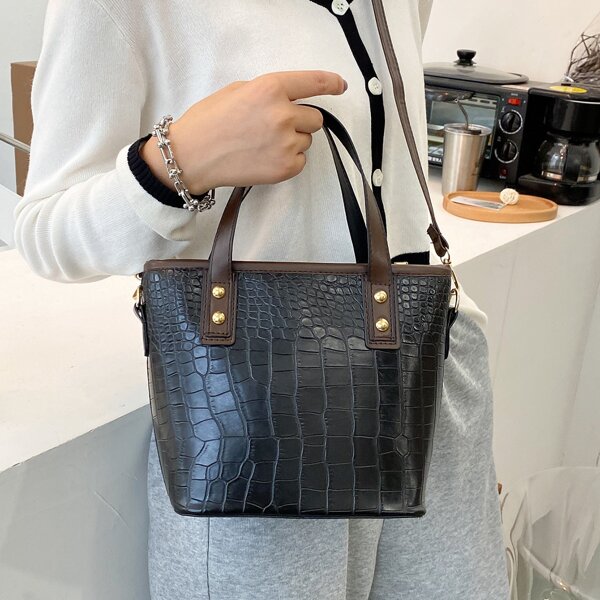 

Croc Embossed Bucket Bag, Black
