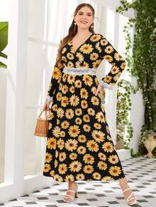 Mulvari 大碼滿版印花交疊領蕾絲拼接連衣裙 - 彩色 - 查看 4