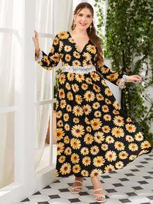 Mulvari 大碼滿版印花交疊領蕾絲拼接連衣裙 - 彩色 - 查看 5