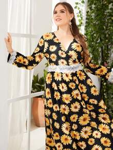 Mulvari 大碼滿版印花交疊領蕾絲拼接連衣裙 - 彩色 - 查看 6