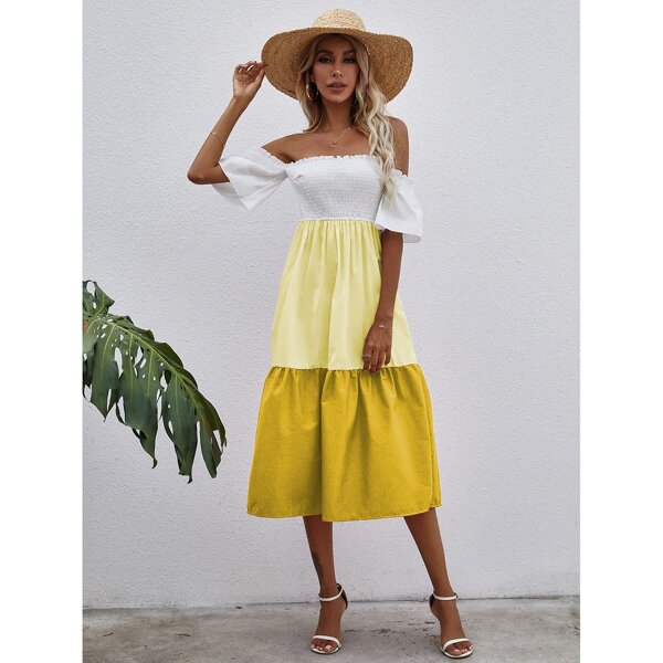 

Off Shoulder Shirred Bodice Colorblock Ruffle Hem Dress, Multicolor