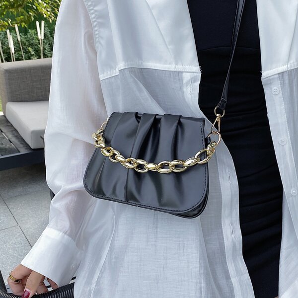

Metal Decor Ruched Flap Bag, Black