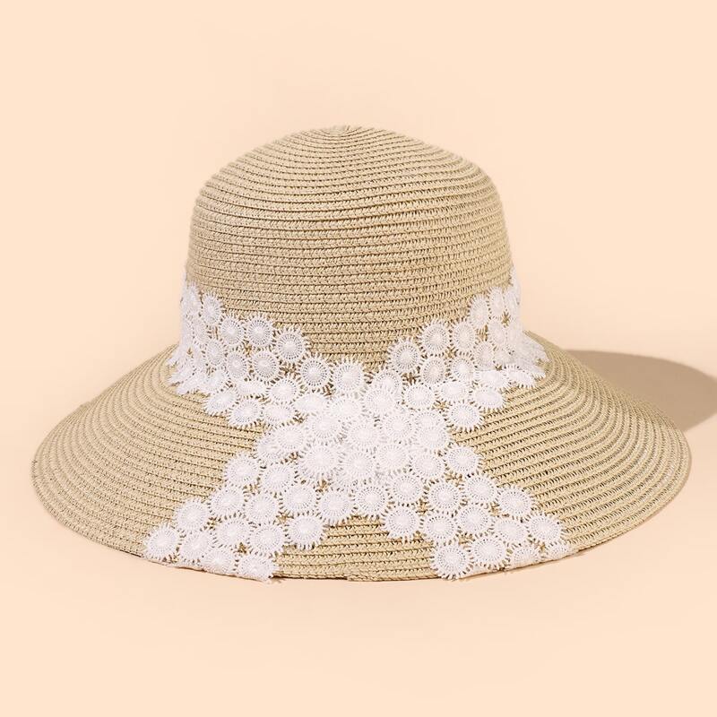 

Guipure Lace Decor Straw Hat, Beige