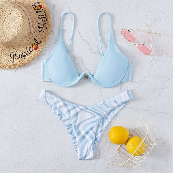 

Wave Print Underwire Bikini Swimsuit, Baby blue