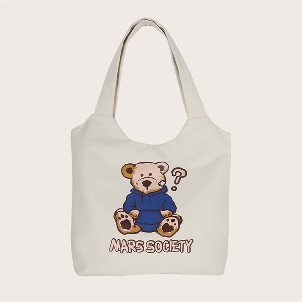 

Cartoon Graphic Shoulder Tote Bag, White