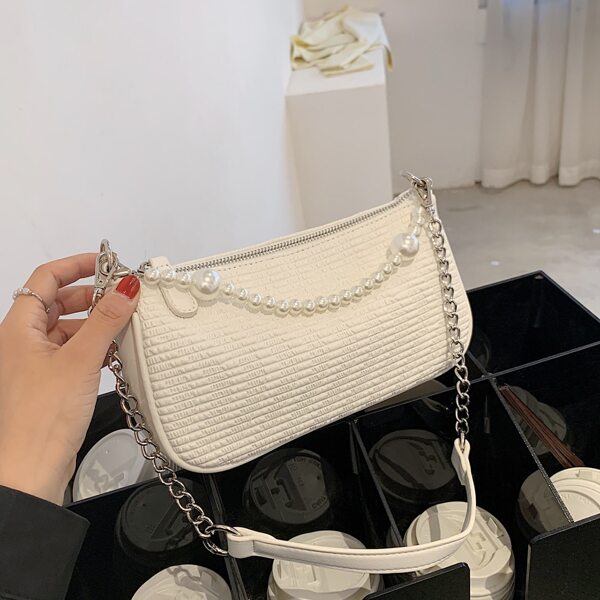 

Faux Pearls Decor Baguette Bag, White