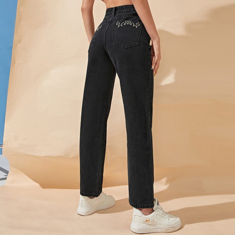 

Fire Embroidery High Waist Straight Leg Jeans, Black