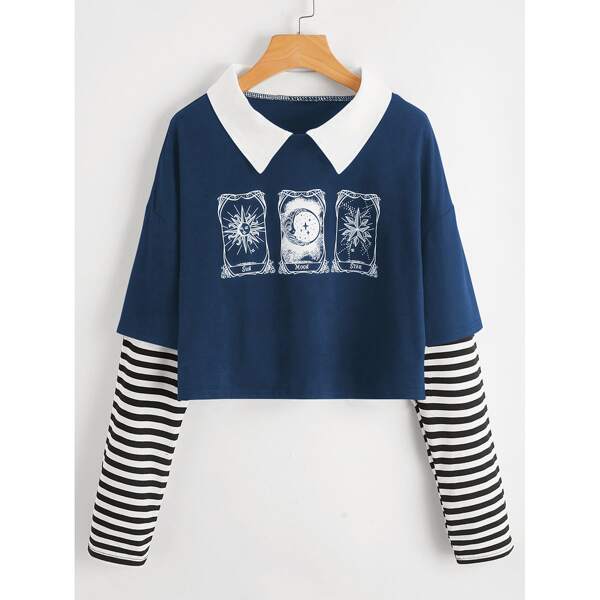 

Plus Letter And Graphic Print Striped Sleeve Combo Tee, Blue