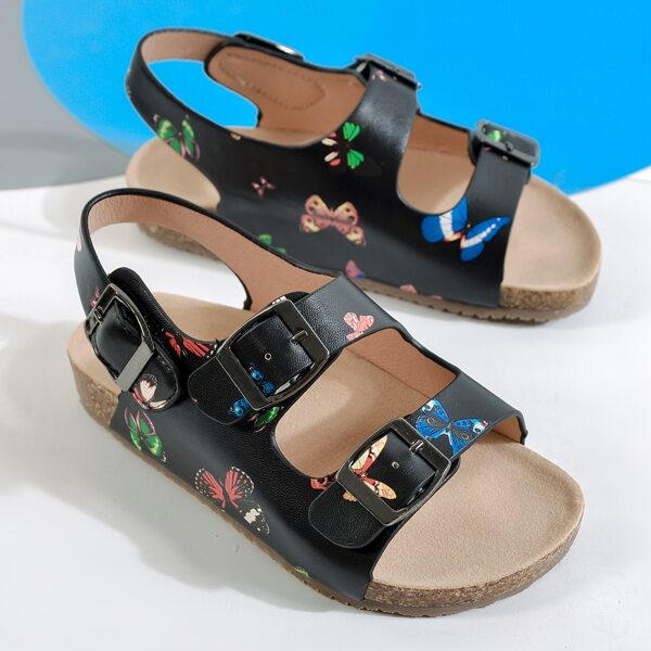 

Girls Butterfly Graphic Buckle Decor Footbed Sandals, Black