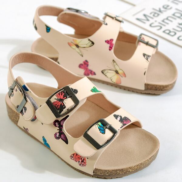 

Girls Butterfly Graphic Buckle Decor Footbed Sandals, Apricot