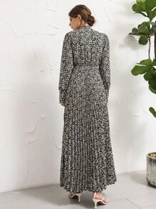 Seusyu 花卉圖案繫帶領百褶A字型連衣裙 - 彩色 - 查看 2