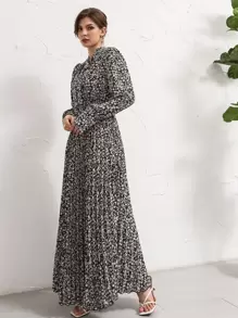 Seusyu 花卉圖案繫帶領百褶A字型連衣裙 - 彩色 - 查看 4