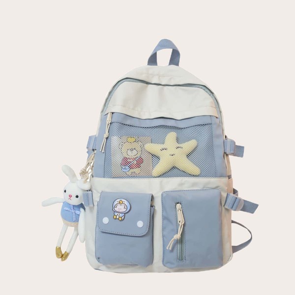 

Colorblock Pattern Rabbit Charm Backpack, Blue
